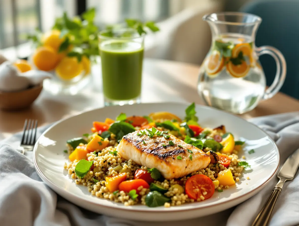 A plated grilled fish with roasted vegetables and grains, a green smoothie and a jug of citrus-infused water.