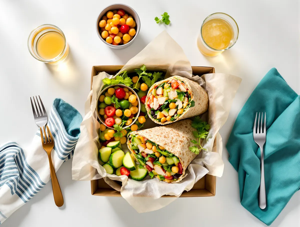 A wholegrain chicken salad wrap, a chickpea salad pot, a fruit cup and a ginger shot laid out for lunch.