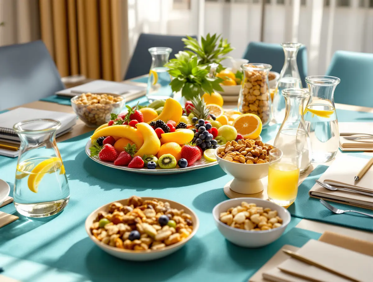 A boardroom table set with a fresh fruit platter, bowls of mixed nuts and carafes of lemon water.