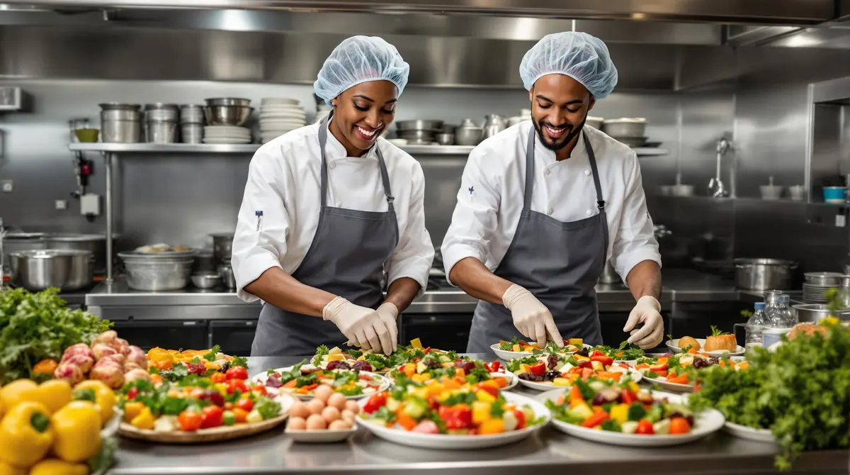 Two chefs in hairnets and gloves plate colourful healthy platters in a spotless commercial kitchen.