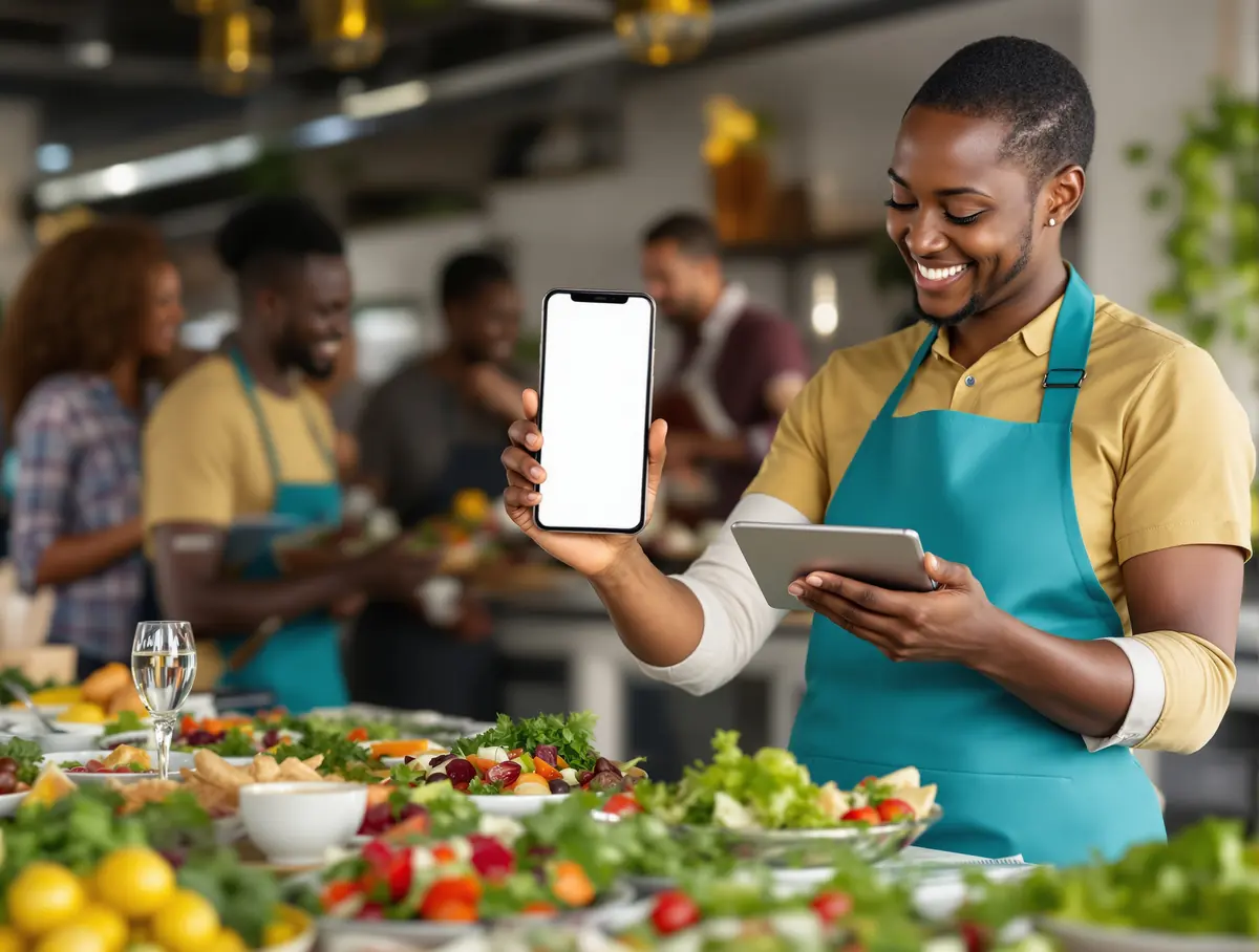 An employee holds up a phone pass while a staff member checks them in on a tablet at a wellness-day food station.