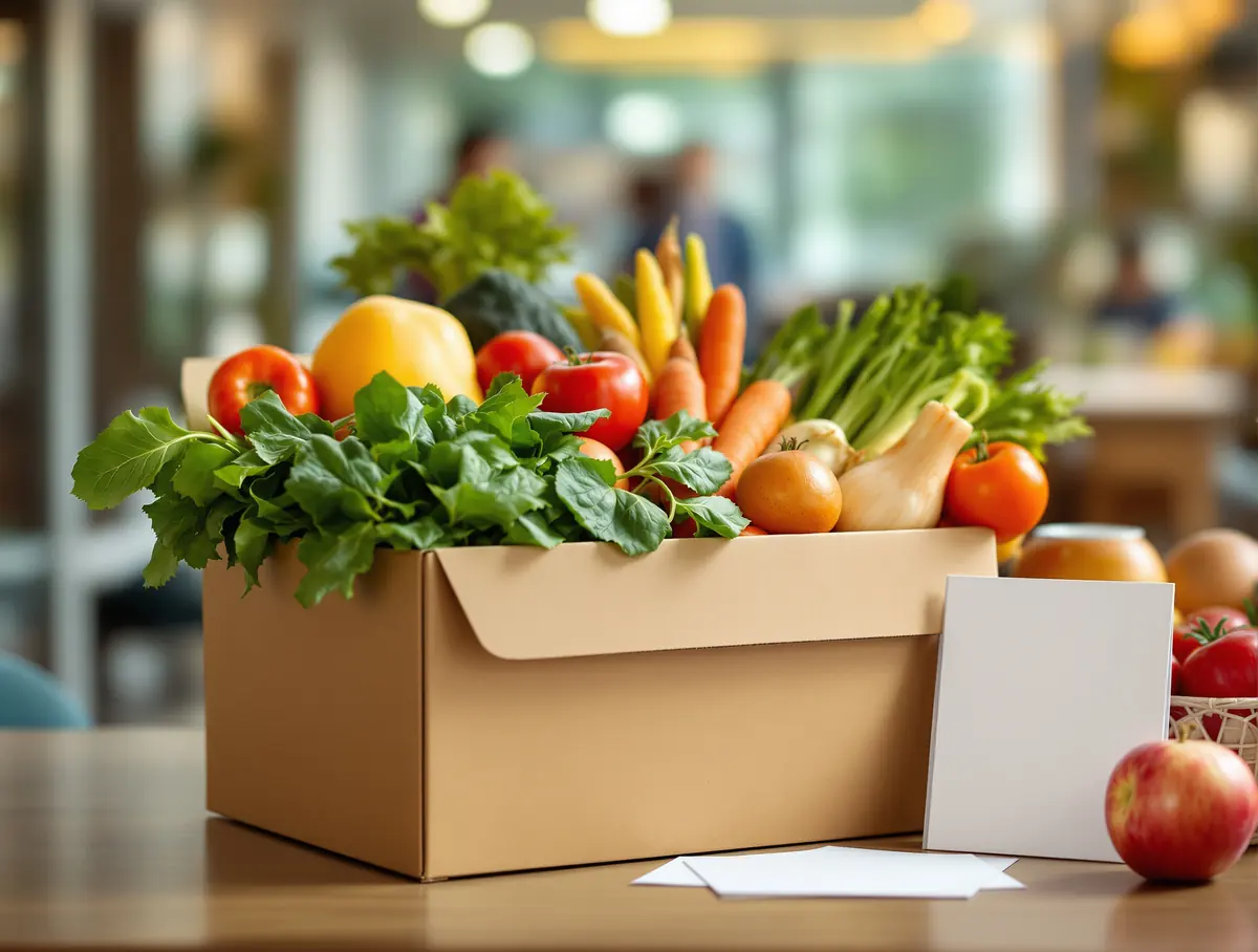 A kraft produce box overflowing with spinach, butternut, tomatoes, carrots and fruit, with a recipe card, at a workplace collection point.