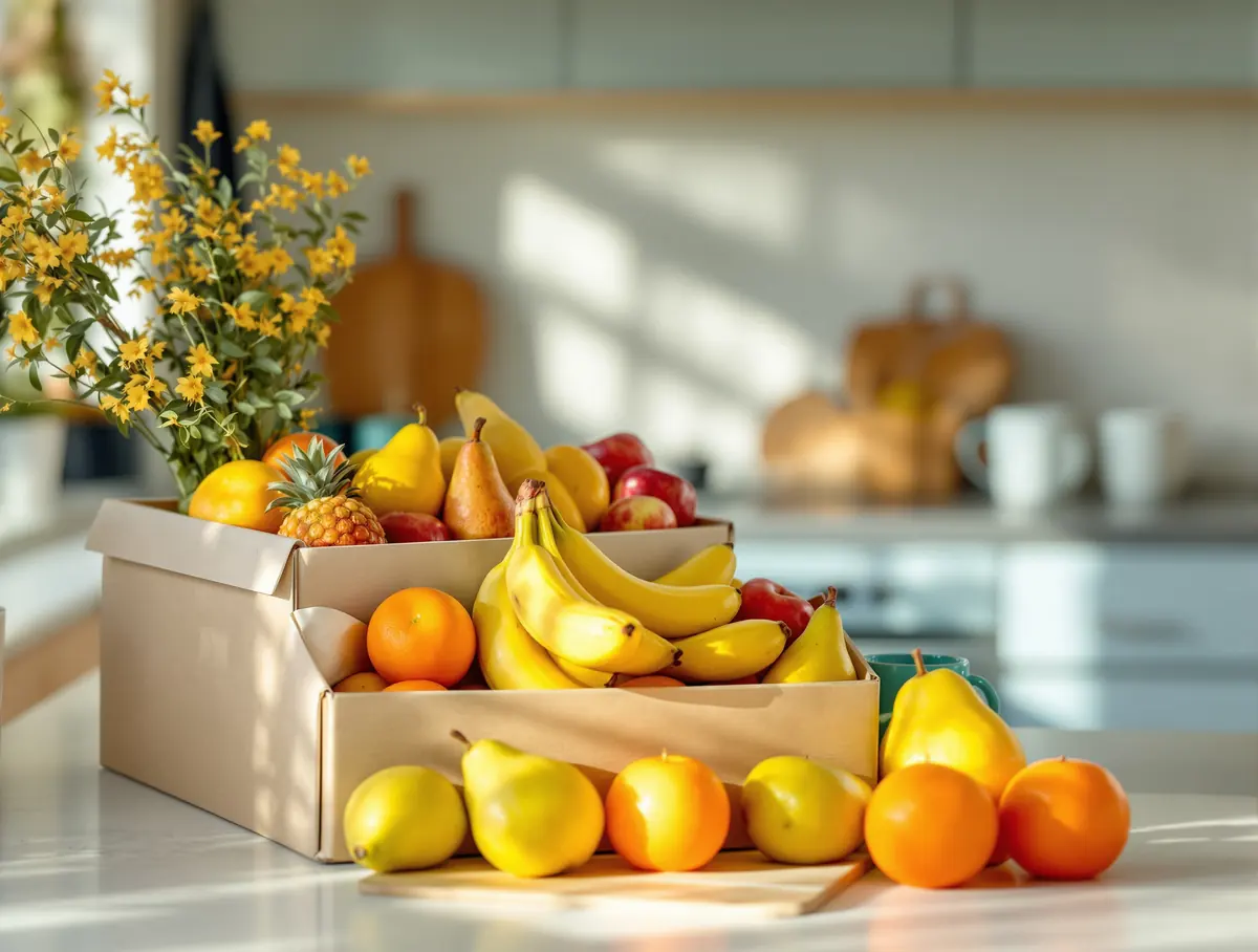 A box of fresh seasonal fruit - bananas, oranges, pears and apples - on an office kitchen counter in morning light.