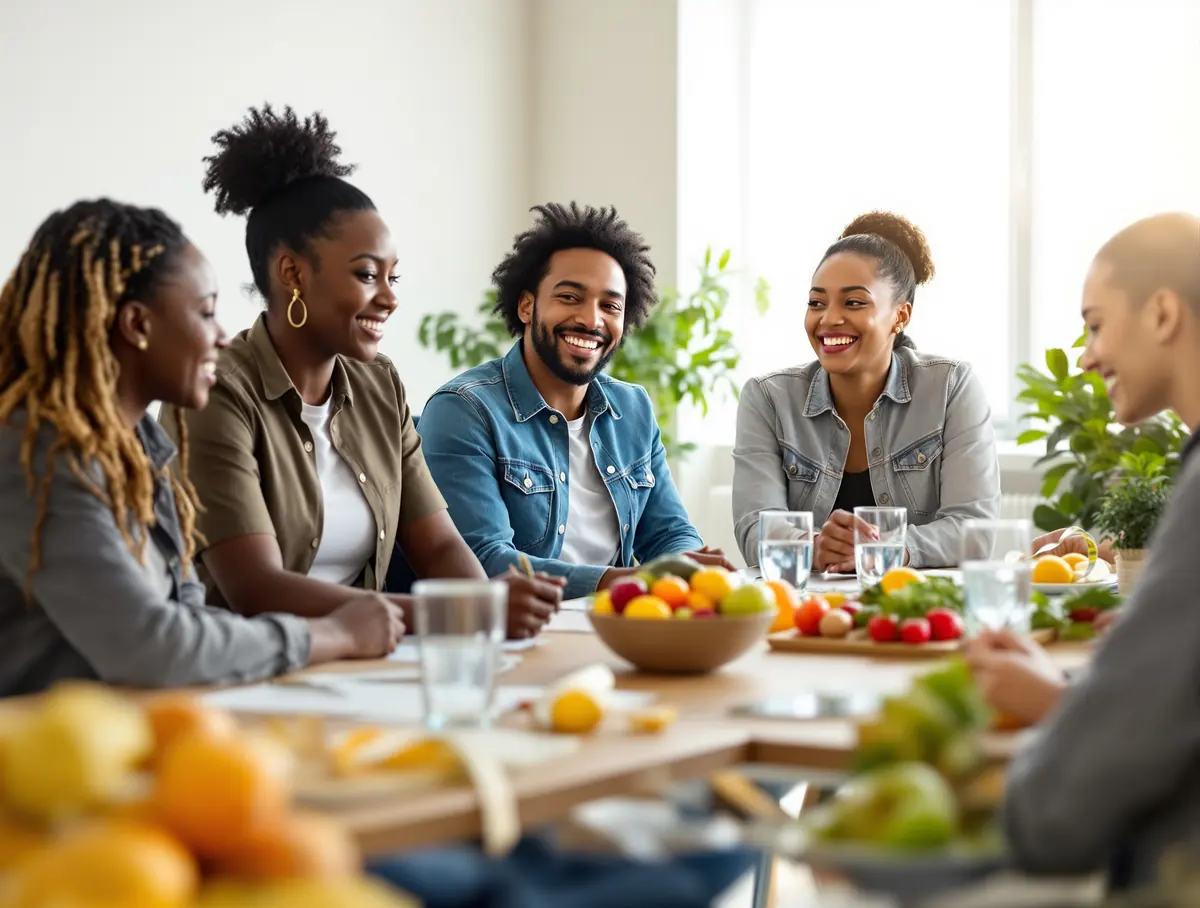 Five colleagues smile around a meeting table with fruit and water during a group nutrition session.
