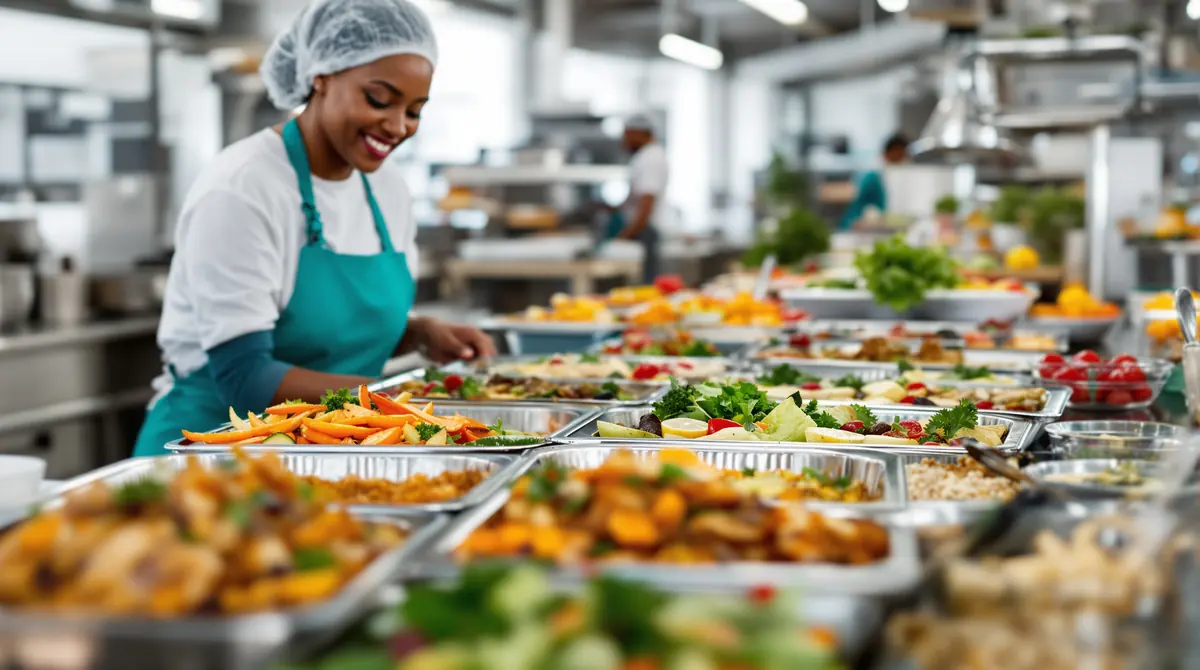 A smiling server in a hairnet and teal apron behind a canteen line of grilled chicken, roast vegetables, rice and salads.