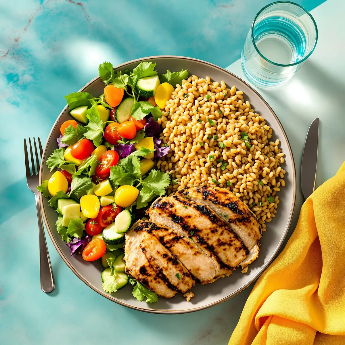 A balanced plate: half vegetables and salad, a quarter grilled chicken and a quarter whole grains, with a glass of water.