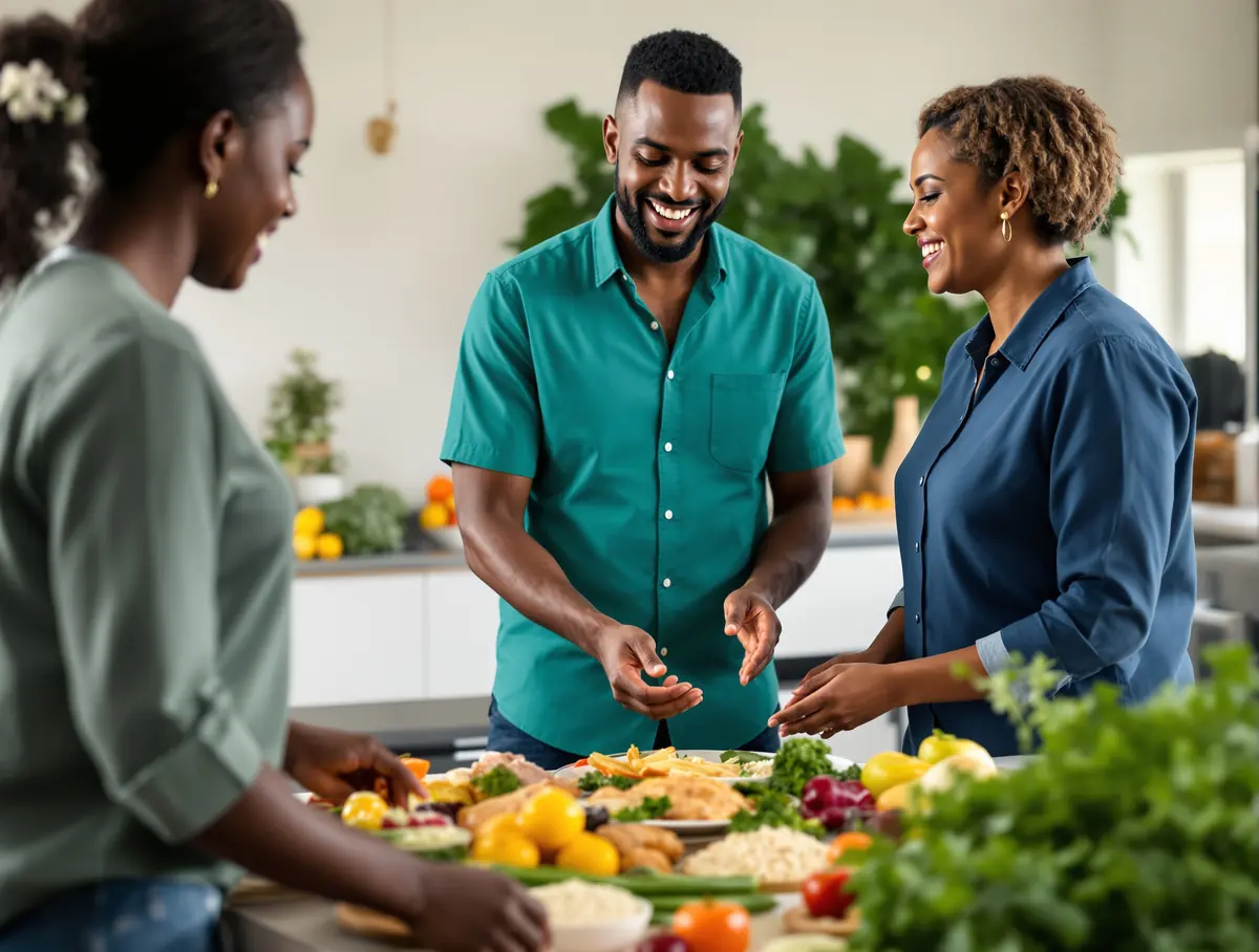 A smiling dietitian talks two employees through a table of vegetables, lean protein and whole grains at a wellness day.