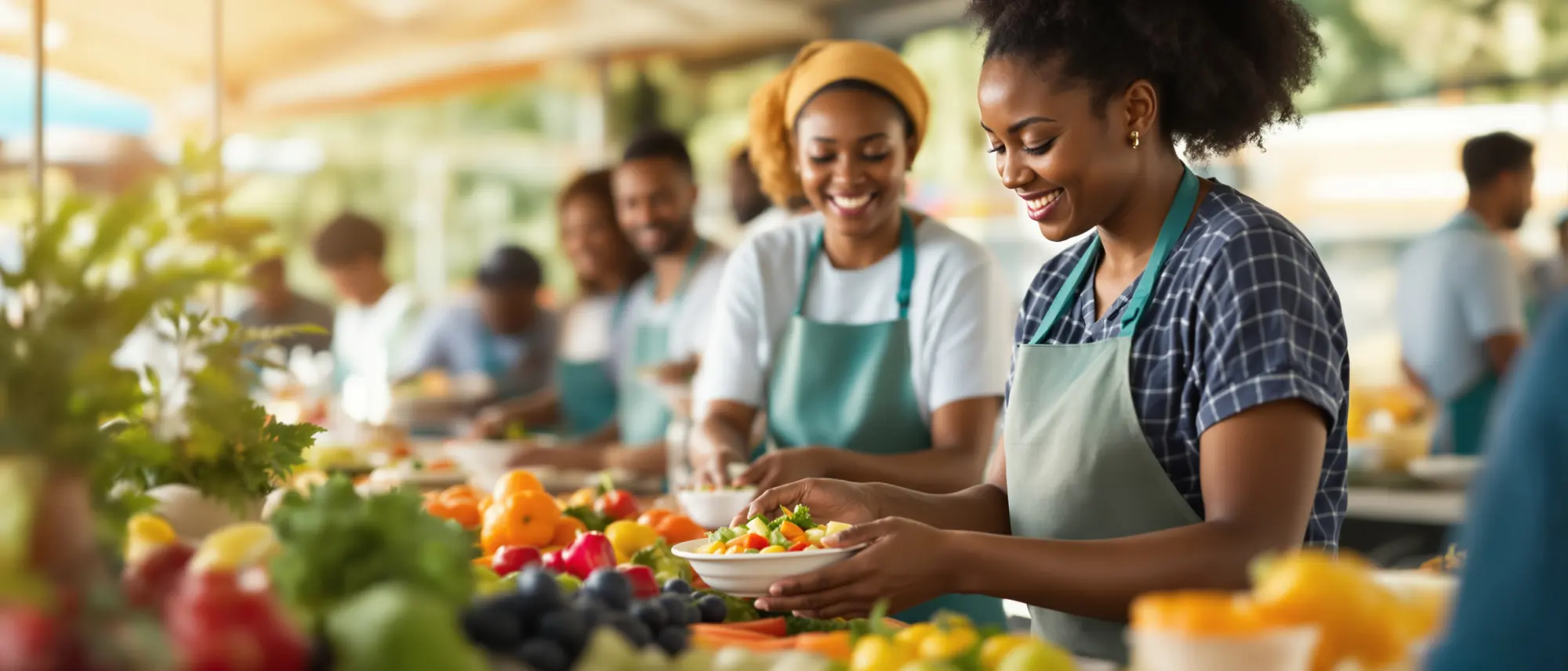 Employees collect healthy meals at a busy wellness-day food station.