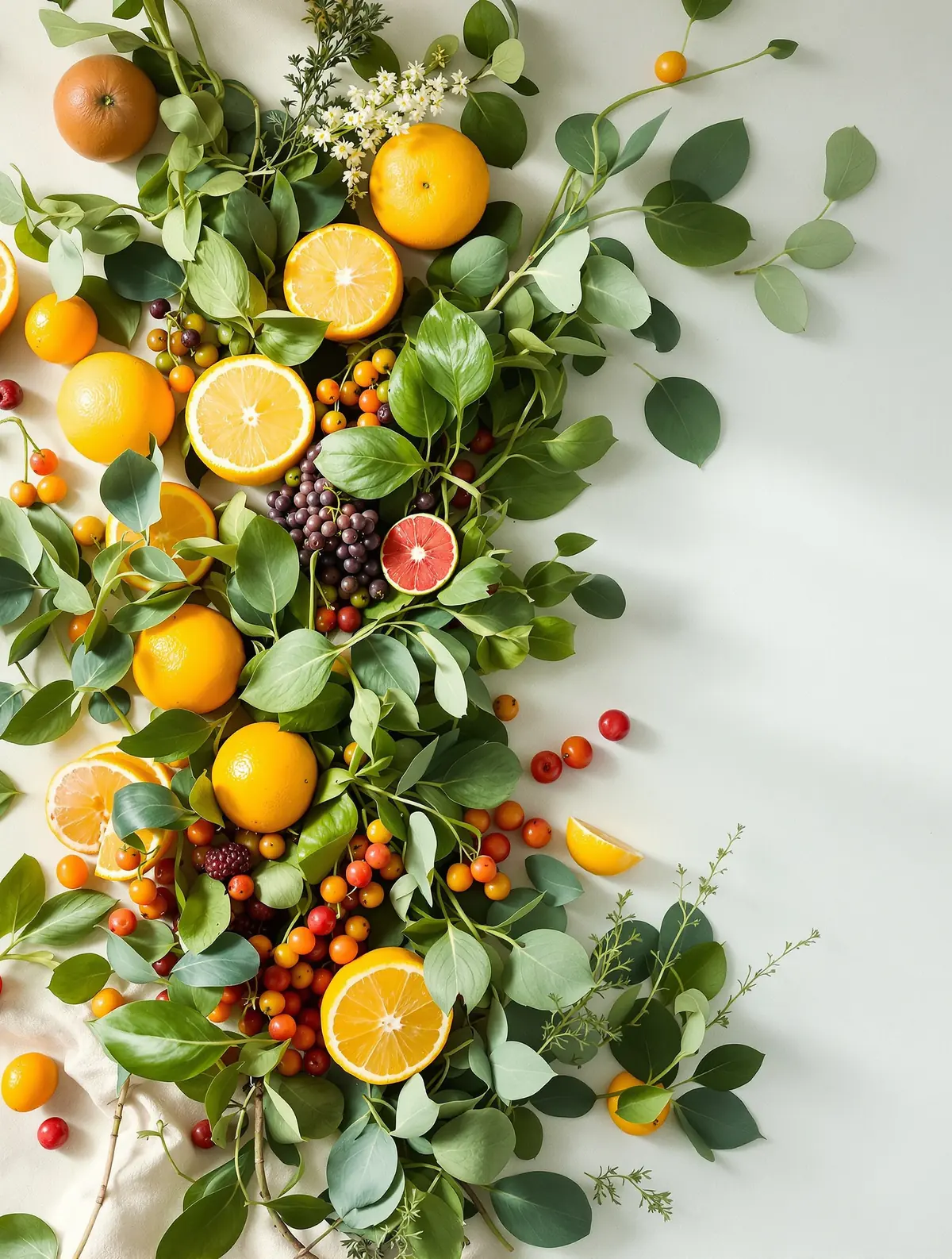 Fresh citrus, berries and leafy greens arranged on a light background.