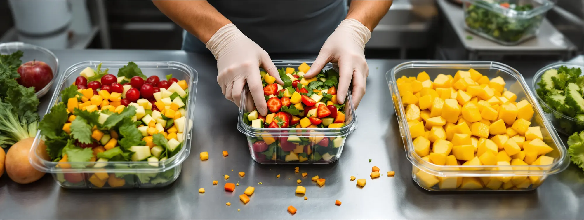 Gloved kitchen staff pack fresh salads and cut fruit into containers on a steel prep table.