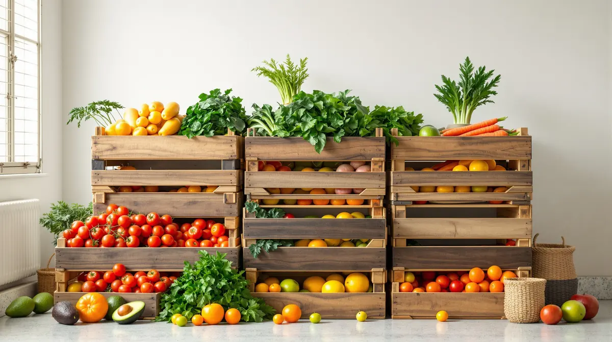 Wooden crates stacked with tomatoes, oranges, butternut, leafy greens and avocados in a clean cool room.