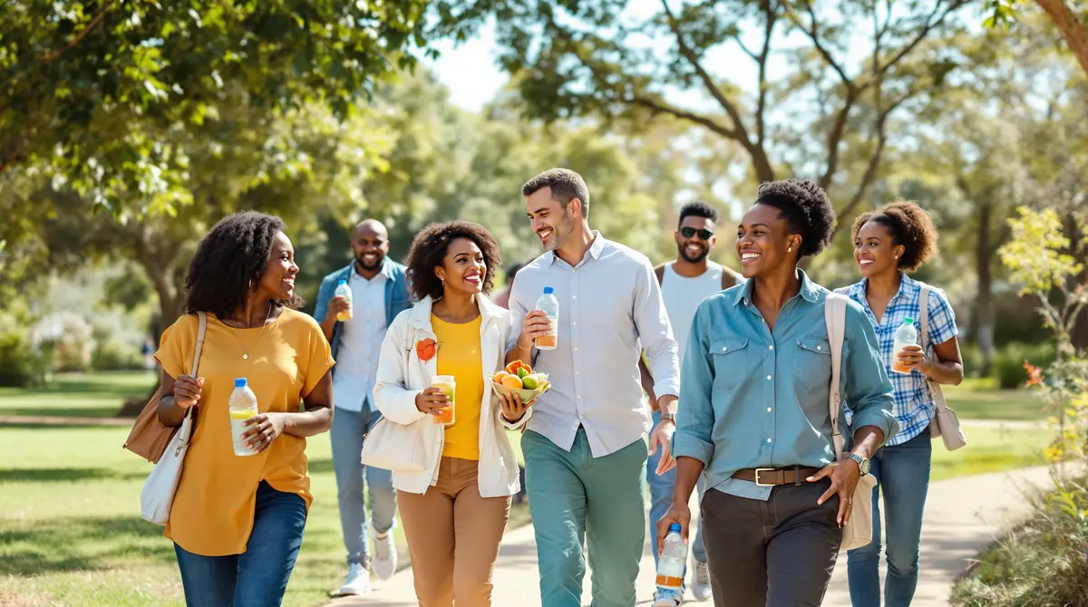 A group of colleagues walk together through a leafy office park at lunchtime carrying water bottles.