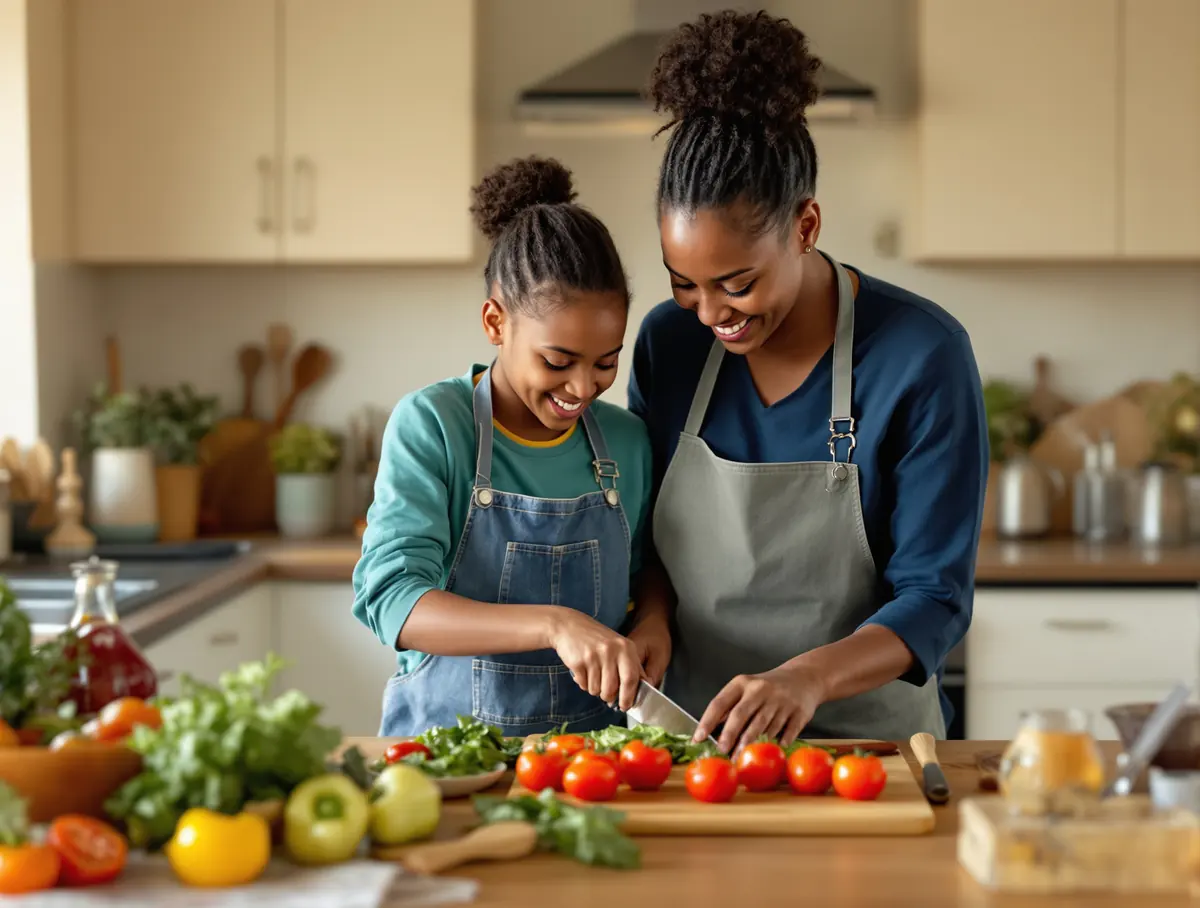 A mother and daughter chop tomatoes and fresh vegetables together in a home kitchen.