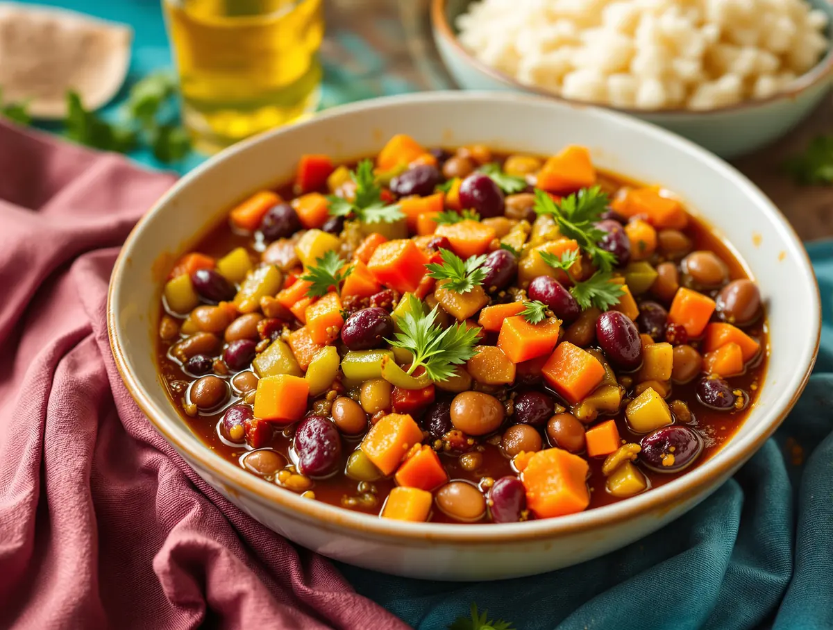 A bowl of homemade chakalaka with beans, carrots, peppers and onion.