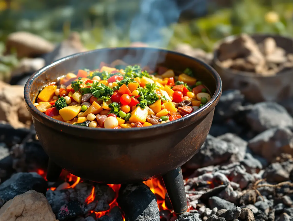 A three-legged potjie pot of colourful vegetable stew over coals.