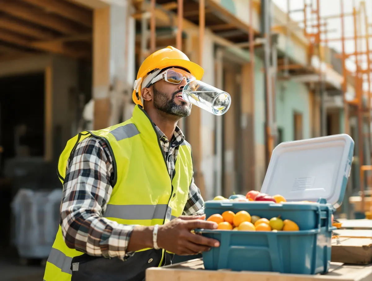 A construction worker in a hard hat and reflective vest drinks water beside a cooler box of fruit on site.