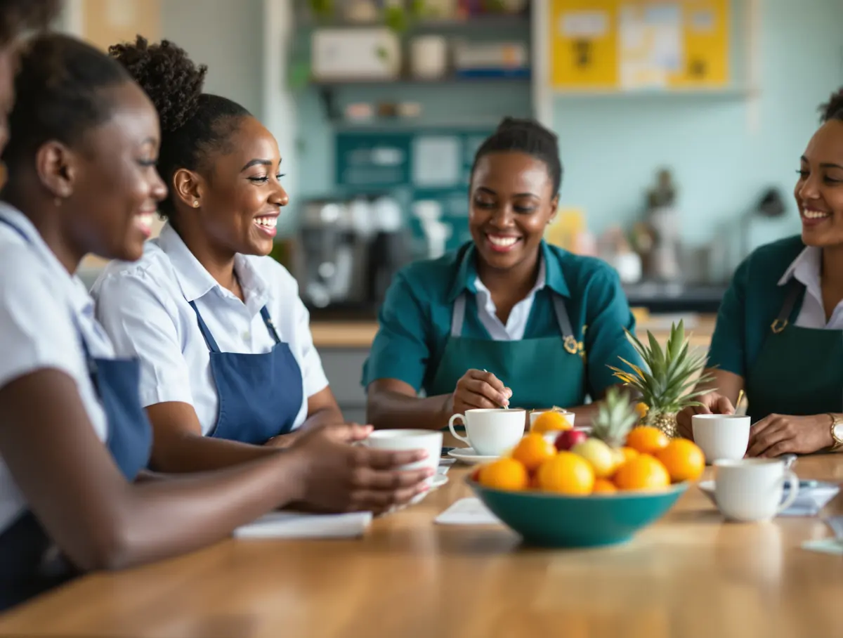 Teachers share a bowl of oranges and tea during a break in a school staff room.