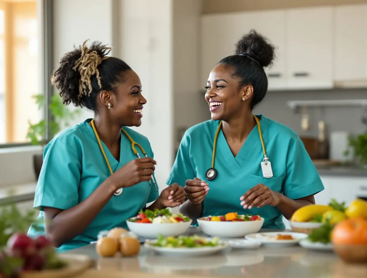 Two nurses in scrubs laugh over healthy salads and fruit during a break in a staff room.