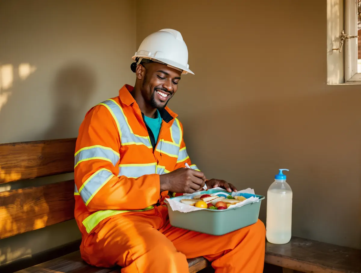 A smiling mine worker in orange overalls and a hard hat opens a healthy packed lunch on a bench.