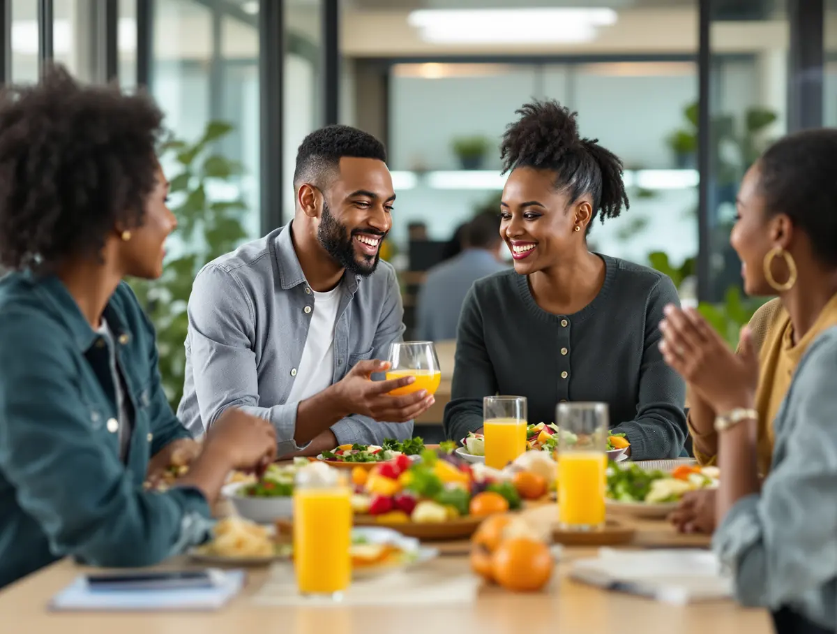 An office team shares salads, a fruit platter and juice around a table in a modern office.