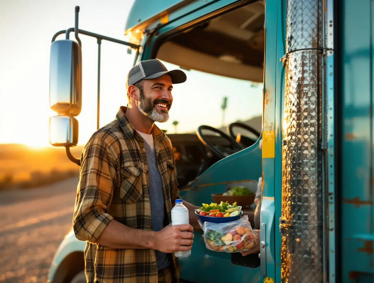 A truck driver at a rest stop at sunset holds a healthy meal and a bottle of water beside his truck.