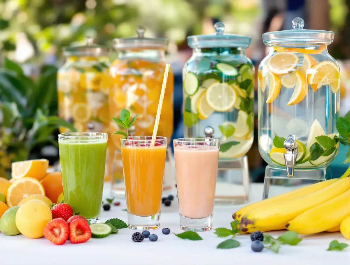 Green, orange and berry smoothies beside glass dispensers of water infused with lemon, cucumber and mint.