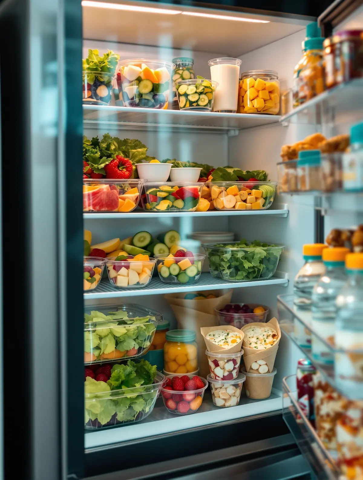 An open office fridge stocked with salads, cut fruit, yoghurt, wraps and water.